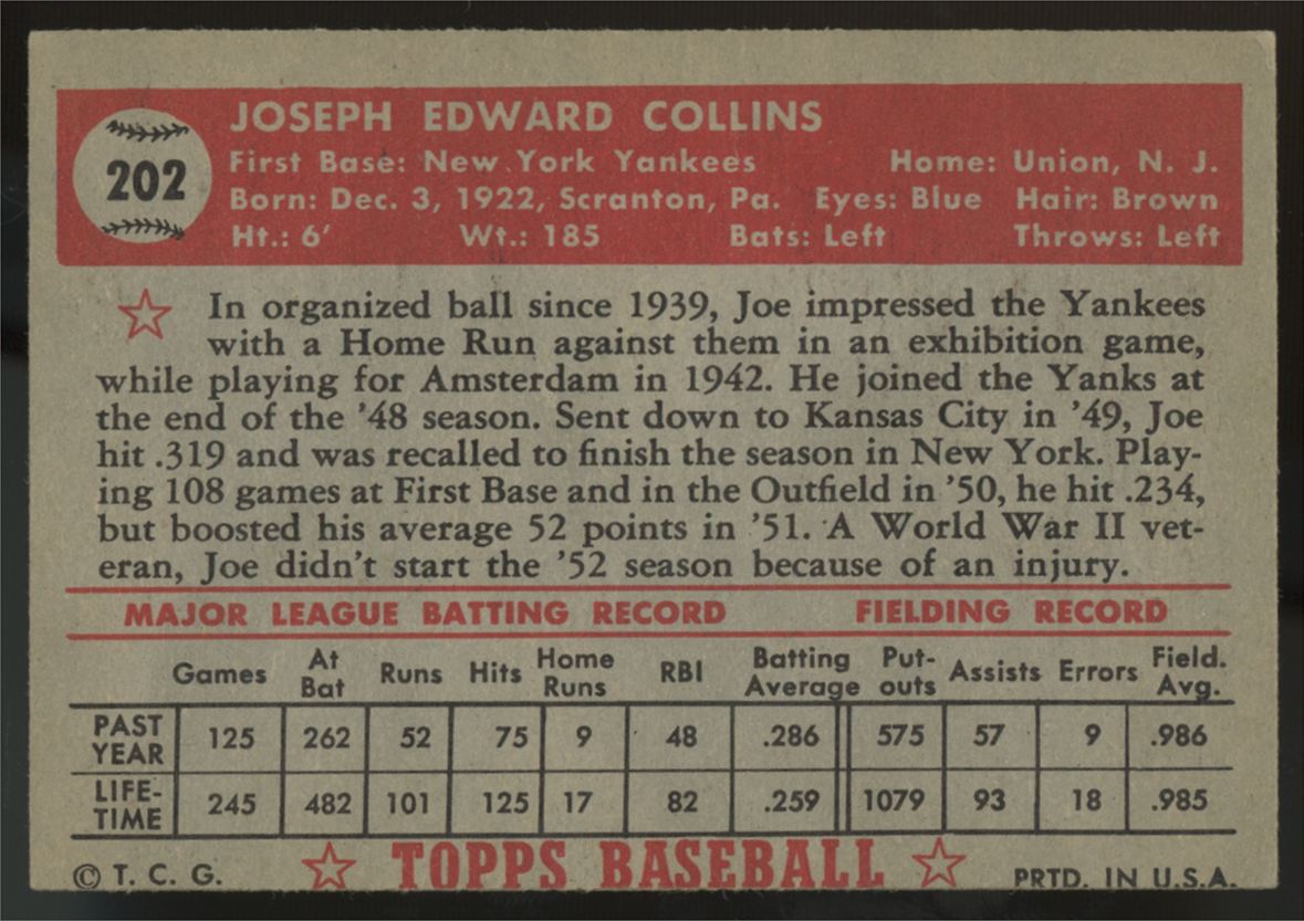 1952 Topps Joe Collins #202 EX