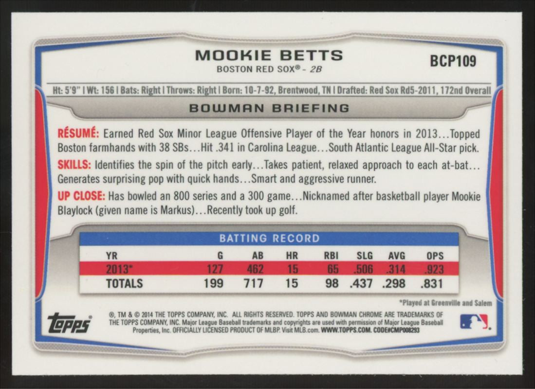 2014 Bowman Chrome Mookie Betts RC 1st #BCP109
