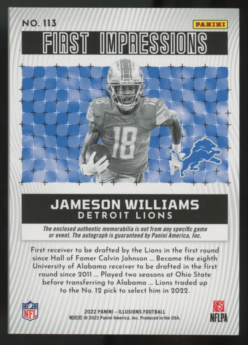 2022 Illusions Jameson Williams RC First Impressions Patch Auto RPA Red /99