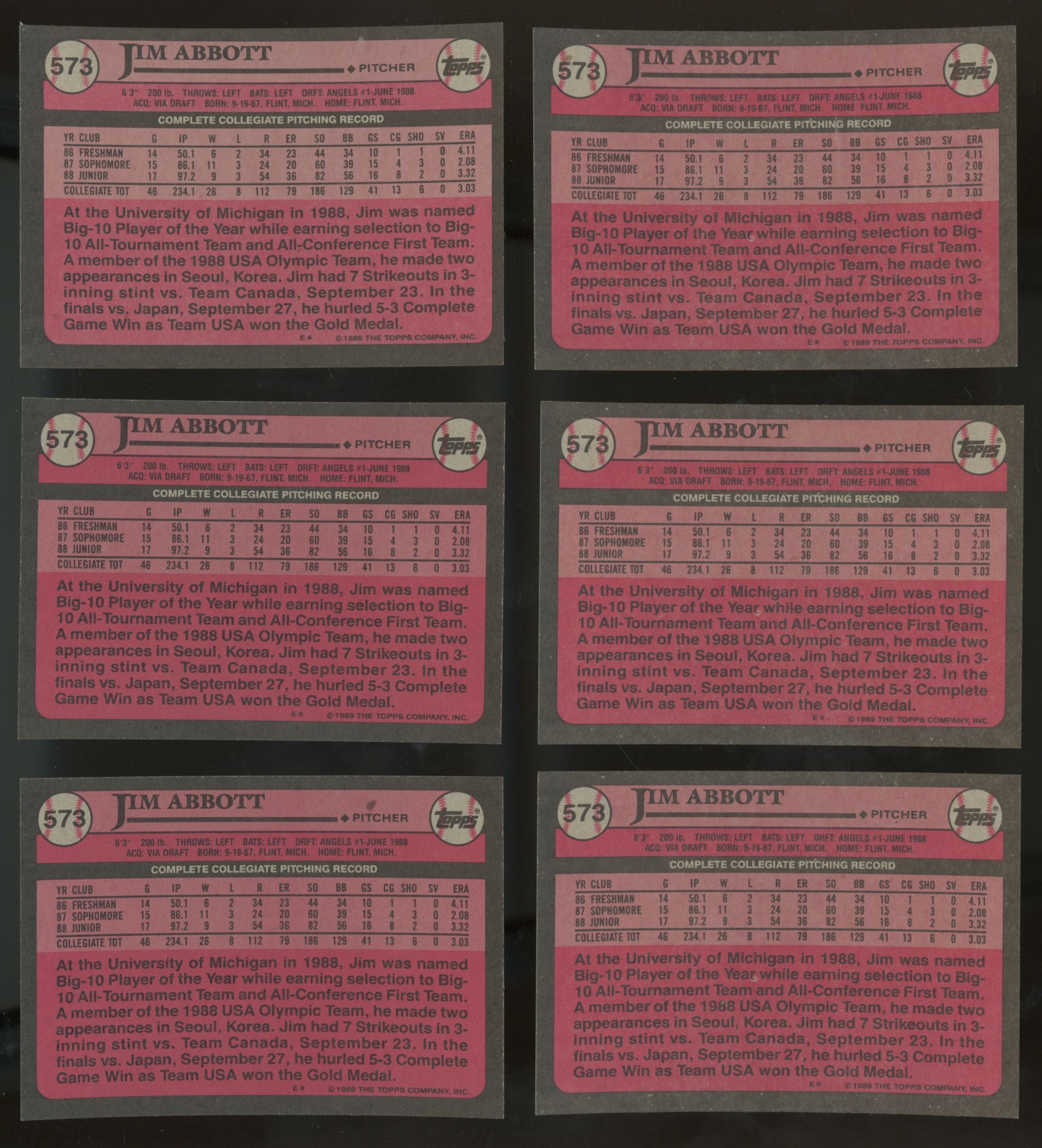 1989 Topps Jim Abbott RC #1 Draft Pick #573 (Lot Of 50)