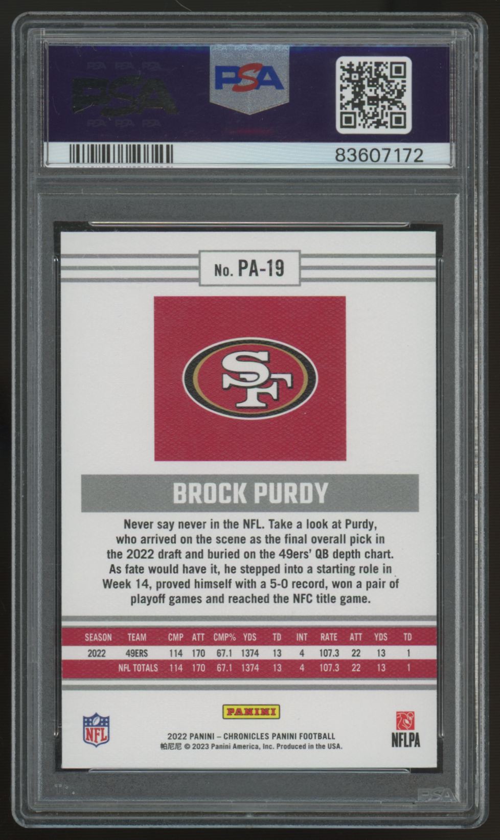 2022 Chronicles Football Brock Purdy RC Signed Auto #PA-19 PSA 9 10