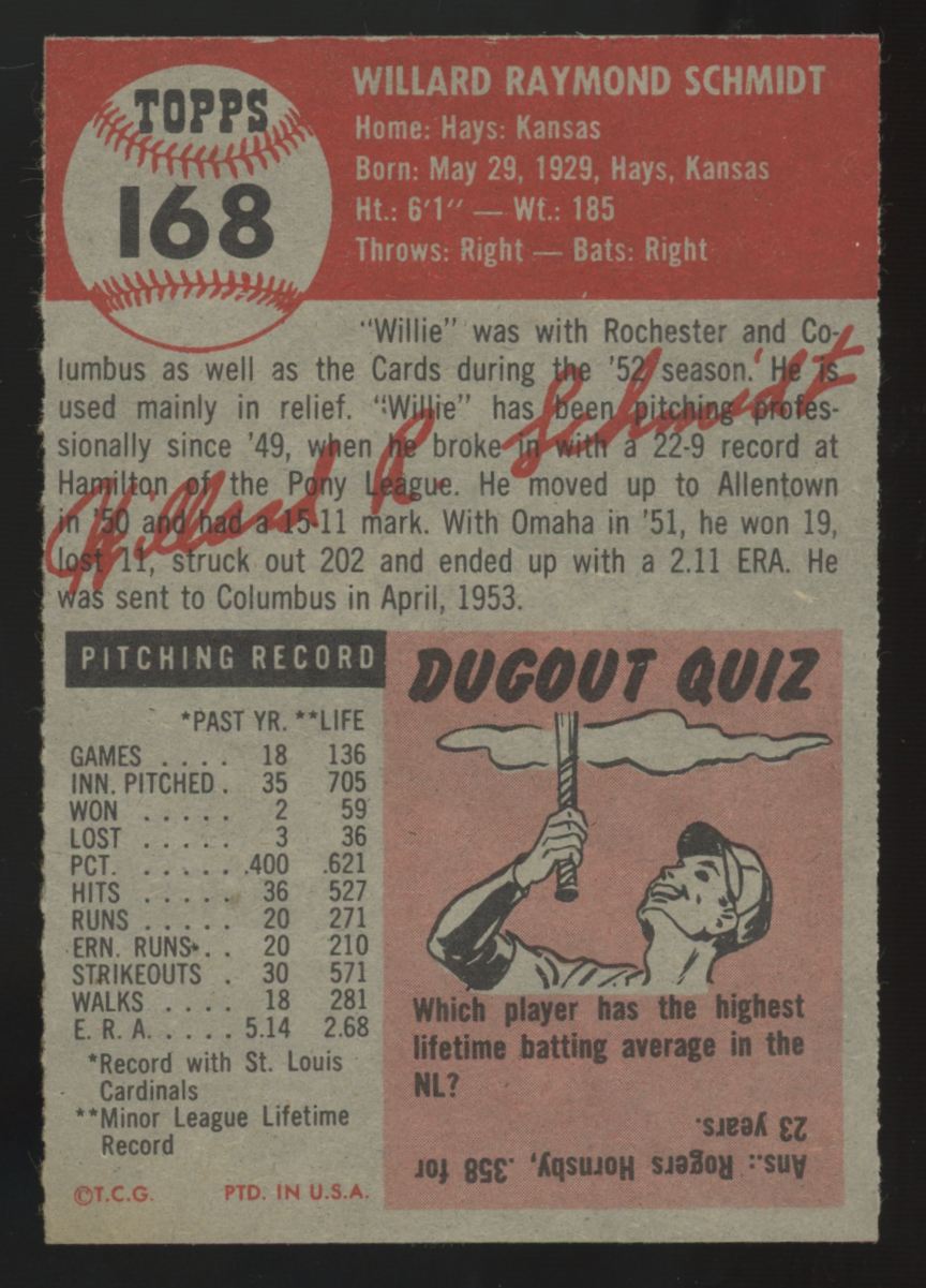 1953 Topps Willard Schmidt #168 EX/MT