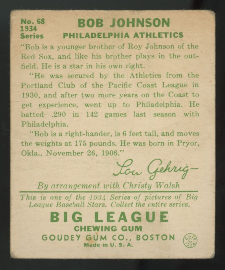 1934 Goudey Bob Johnson Big League Gum #68 Poor