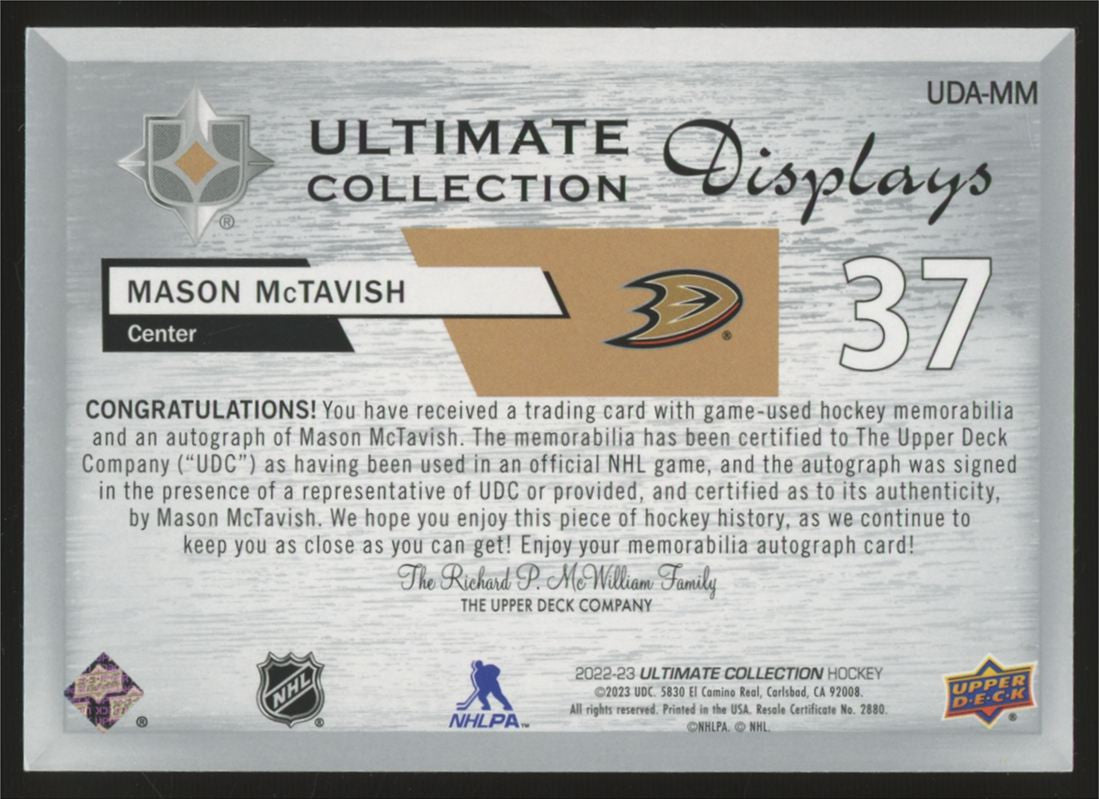 2022/23 UD Ultimate Collection Mason McTavish Displays Patch Auto /135 #UDA-MM
