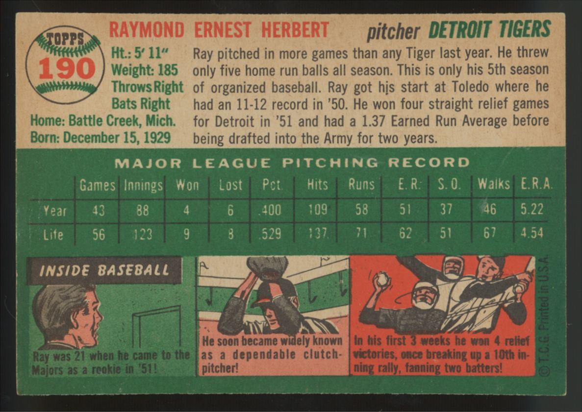 1954 Topps Ray Herbert #190 VG (Wrinkle)