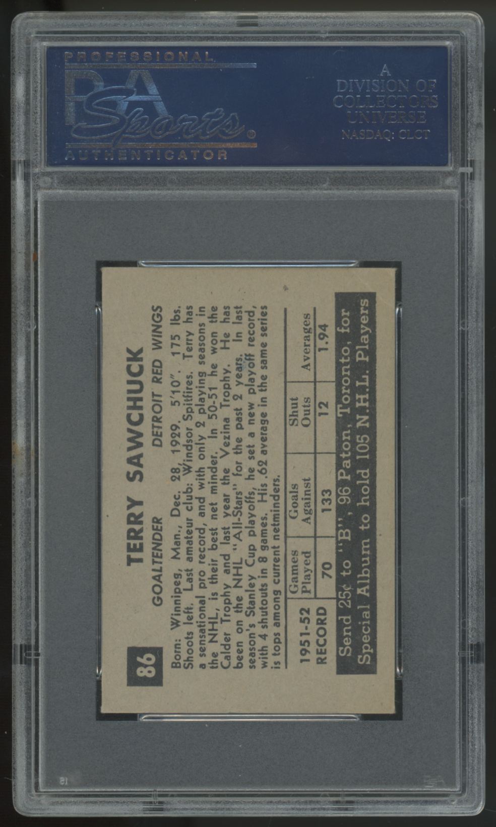 1952-53 Parkhurst Terry Sawchuck #86 PSA 3