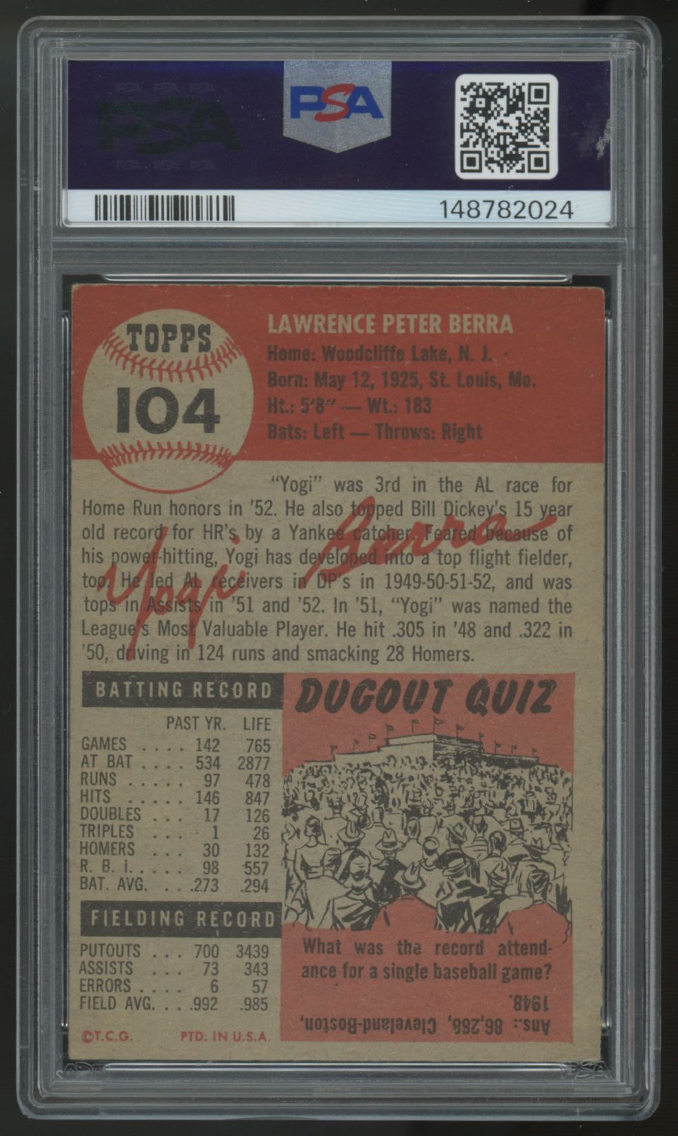 1953 Topps Yogi Berra #104 PSA 2