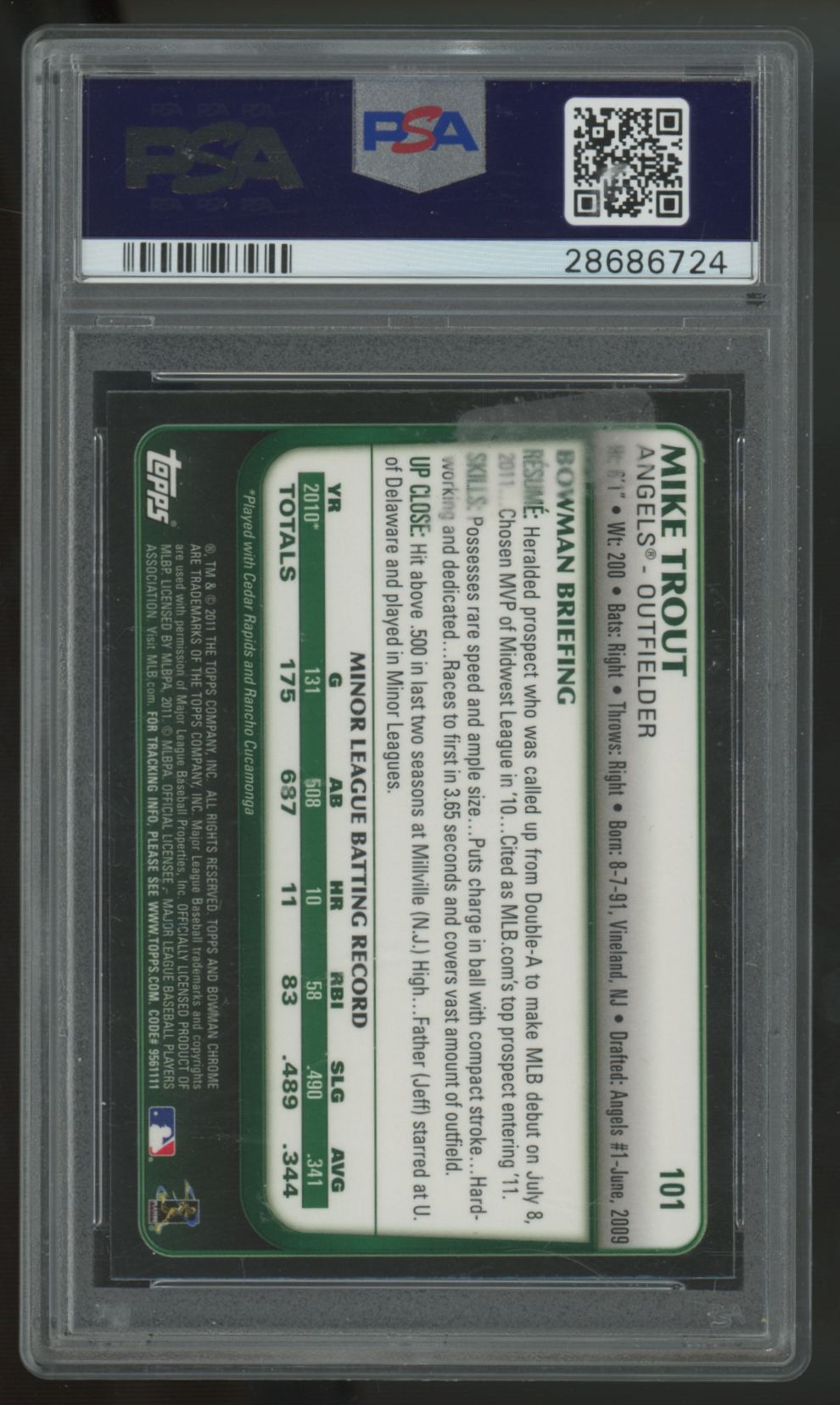 2011 Bowman Chrome Draft Mike Trout RC #101 PSA 10