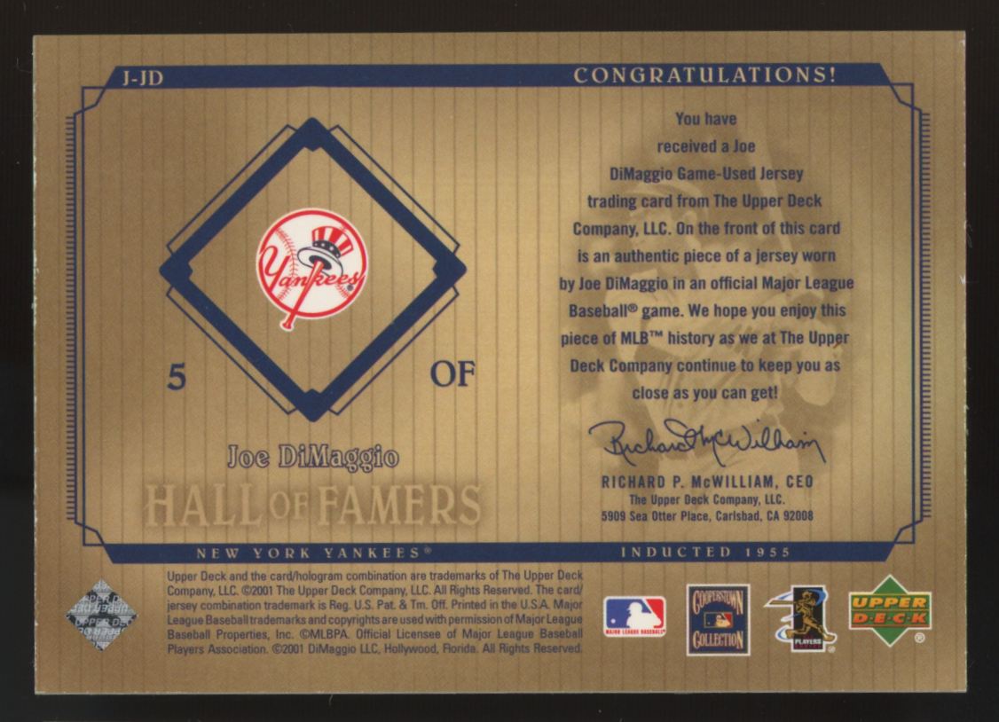 2001 Upper Deck Hall Of Famers Joe DiMaggio Cooperstown Collection Patch #J-JD
