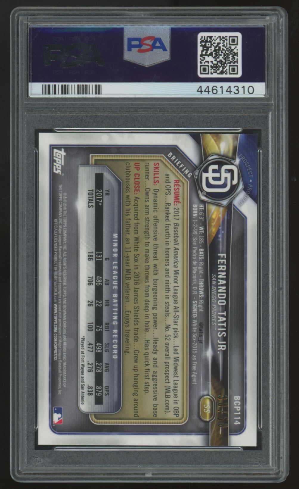2018 Bowman Chrome Mega Fernando Tatis Jr. Gold Refractor /50 #BCP114 PSA 10