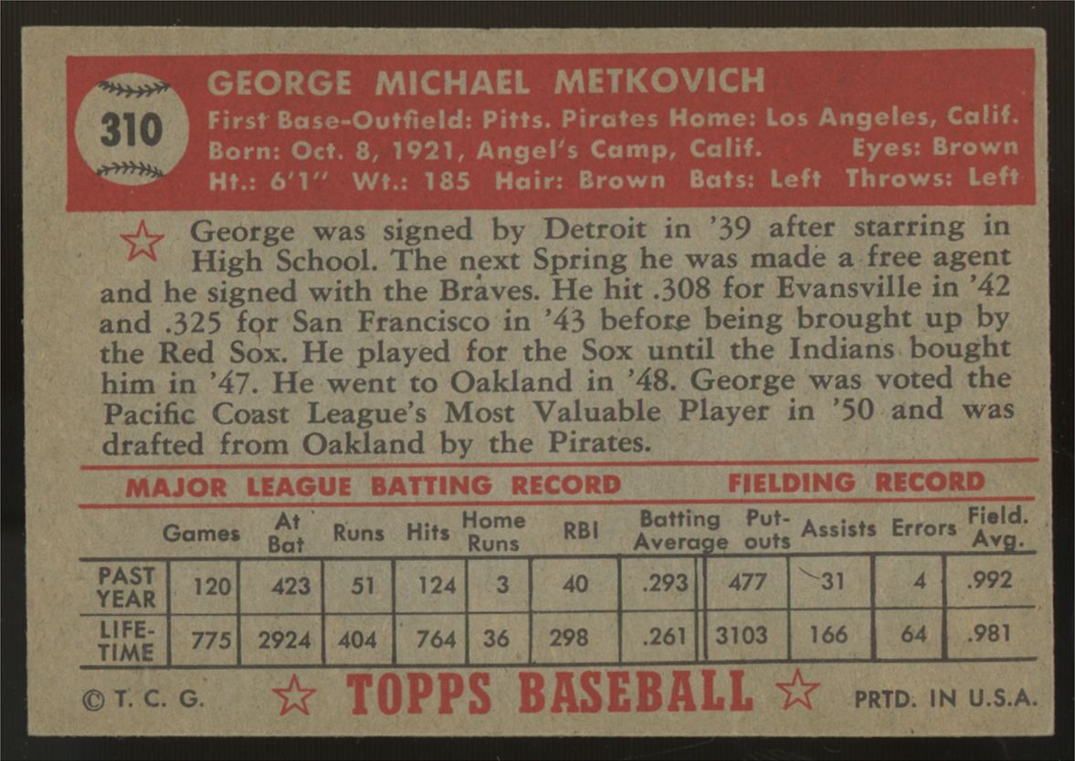 1952 Topps George Metkovich #310 EX+