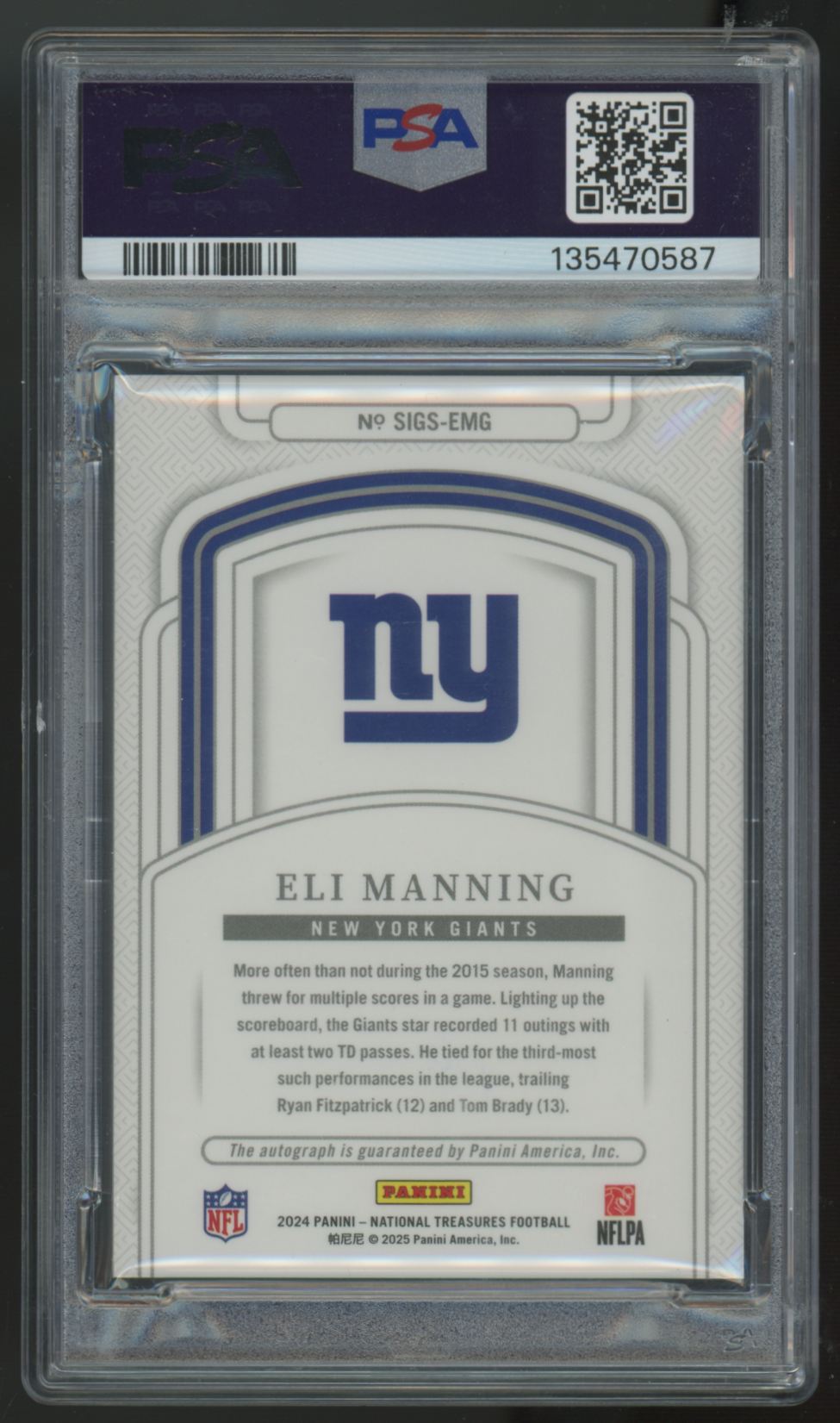 2024 National Treasures Eli Manning Holo Silver Auto /25 #SIGS-EMG PSA Auto 10
