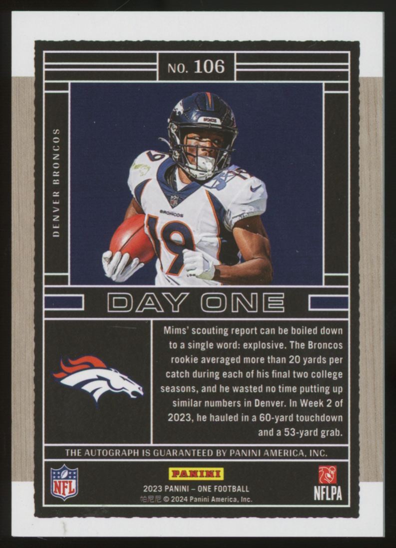 2023 Panini One Marvin Mims RC Day One Auto /99 #106