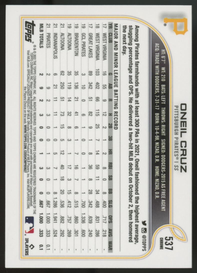 2022 Topps Chrome Oneil Cruz RC Image Variation Refractor #537