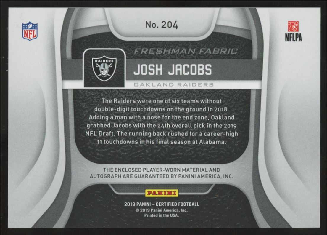 2019 Panini Certified Josh Jacobs RC Red Mirror Freshman Patch Auto RPA /99