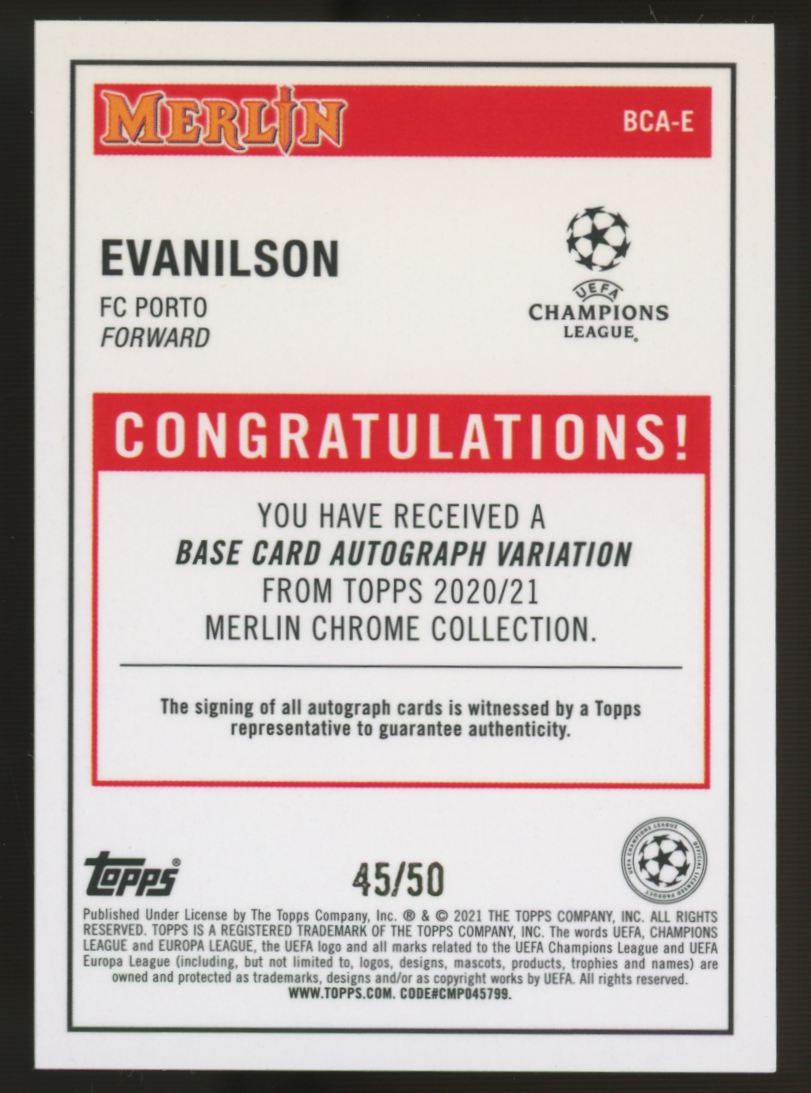 2020/21 Merlin Chrome UEFA Evanilson RC Auto Variation Gold /50 #BCA-E