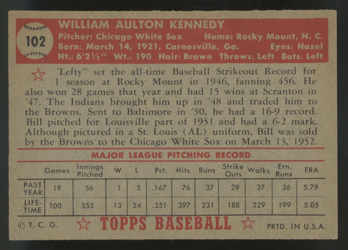 1952 Topps Bill Kennedy #102 VG "A"