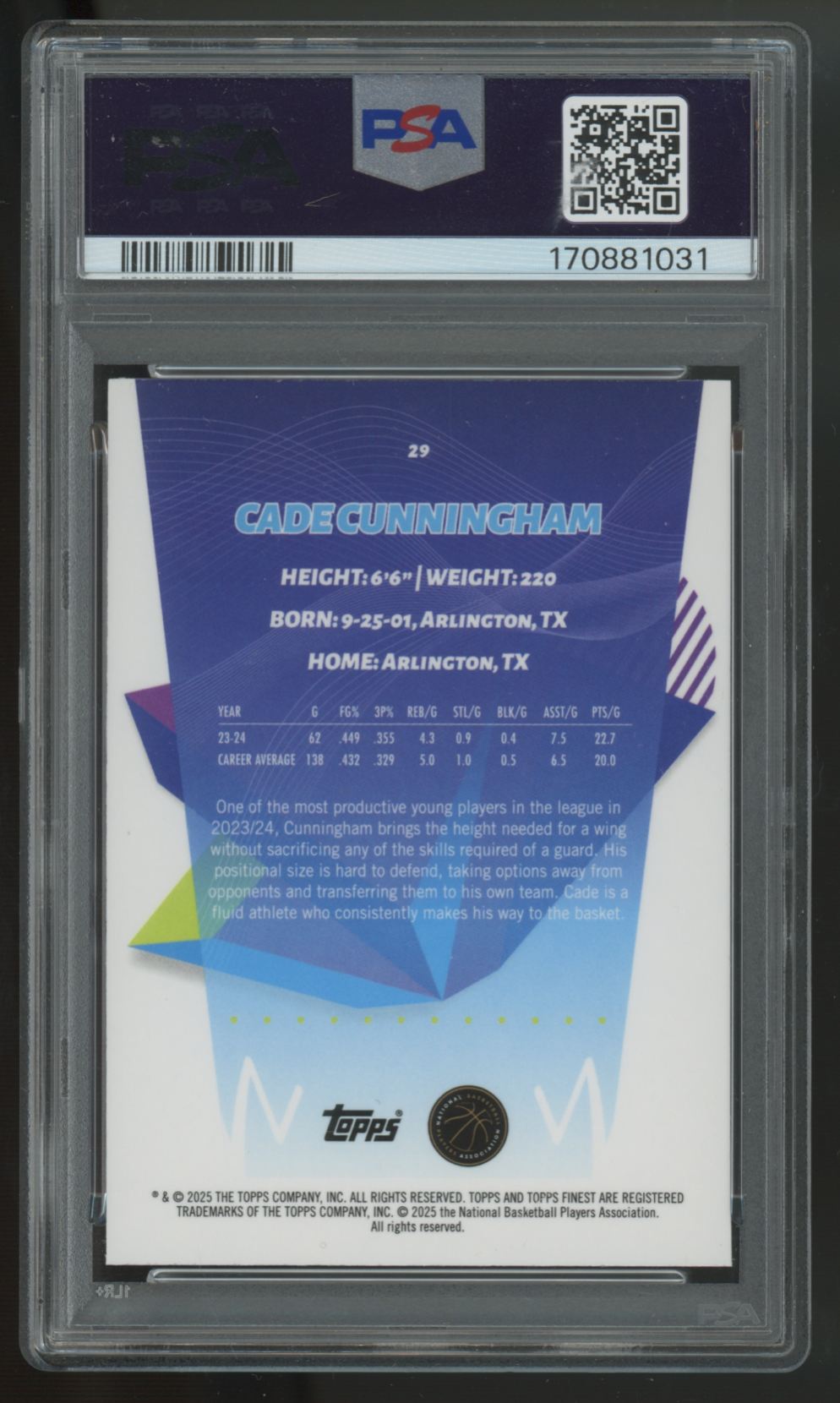 2024-25 Topps Finest Cade Cunningham Blue X-Fractor /99 #29 PSA 8