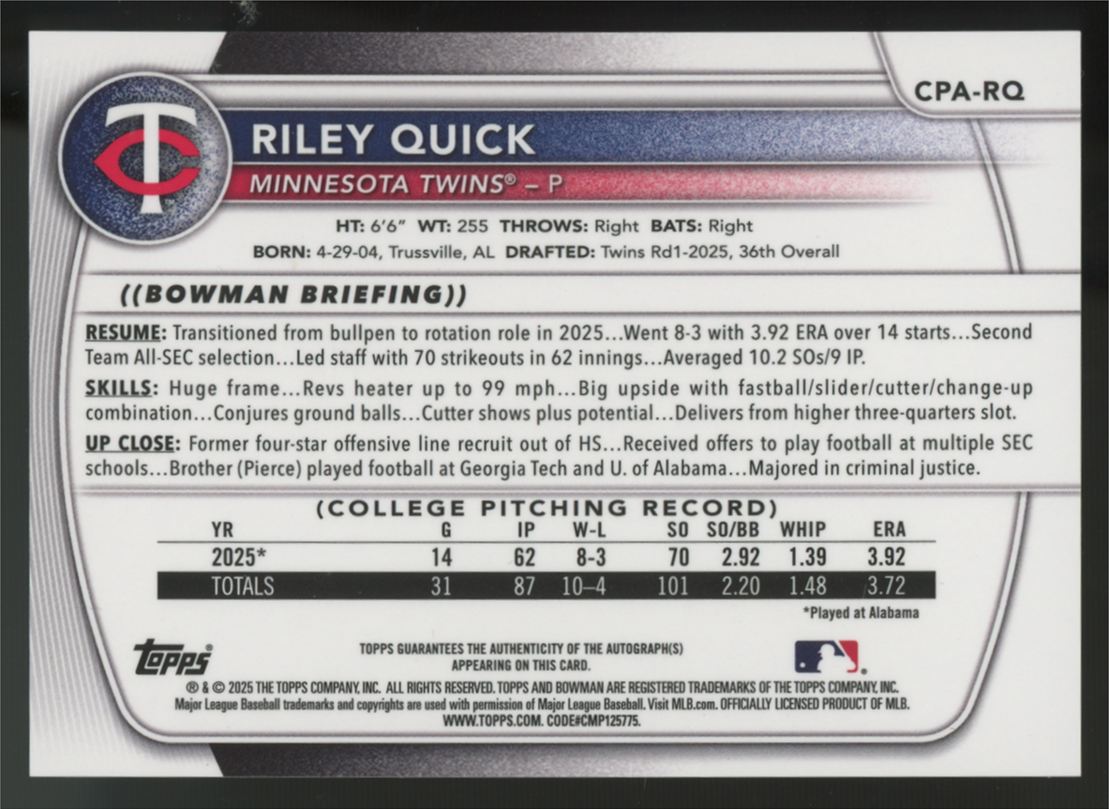 2025 Bowman Chrome Draft Riley Quick Prospect 1st Sparkle Auto /71 #CPA-RQ