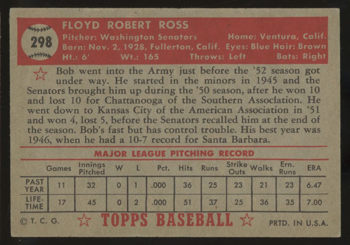 1952 Topps Bob Ross #298 EX-MT