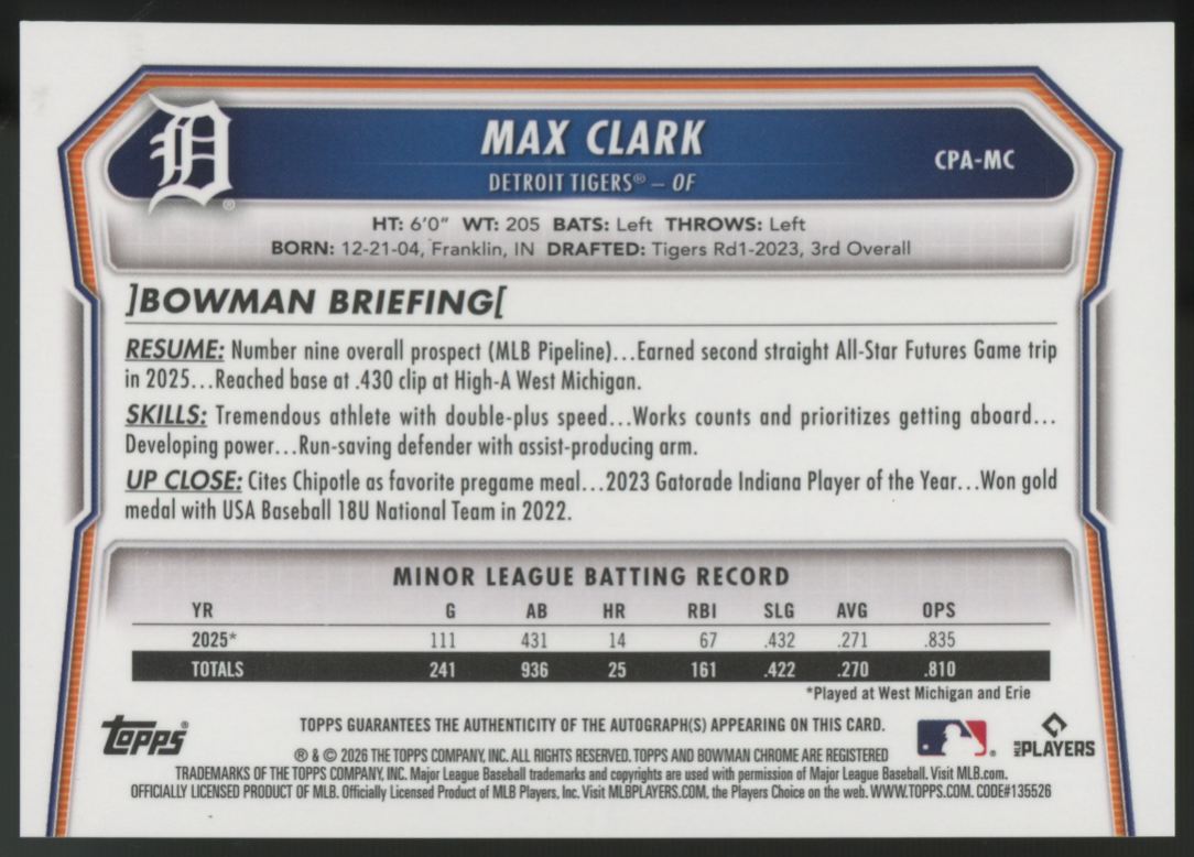 2026 Bowman Chrome Max Clark RC Purple Refractor Auto /250 #CPA-MC