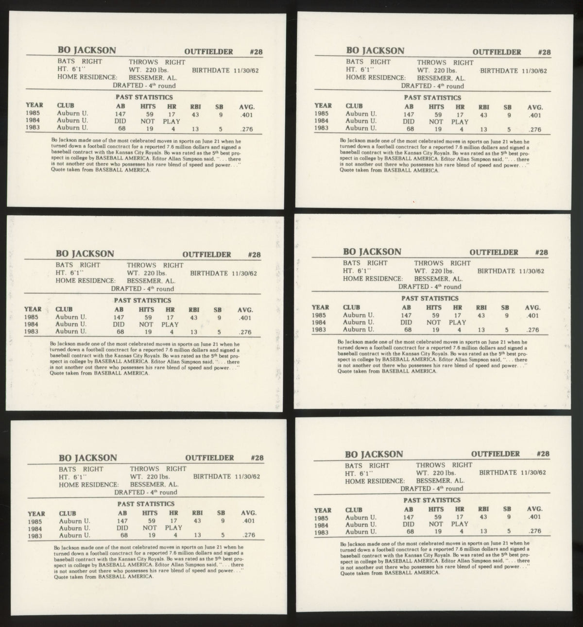 1986 Time Out Sports Bo Jackson RC Memphis Chicks #28 (Lot Of 20)