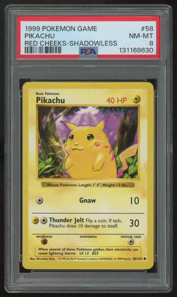 1999 Pokemon Pikachu Base Set Red Cheeks Shadowless #58 PSA 8