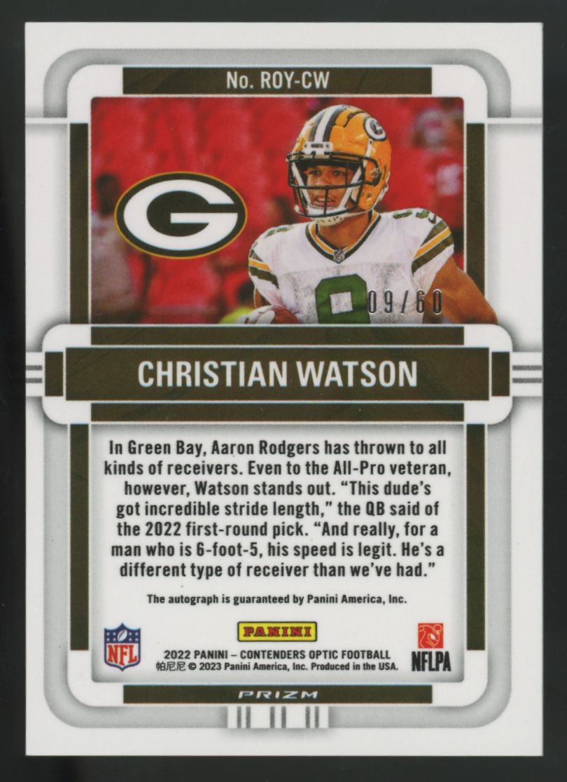 2022 Contenders Optic Christian Watson RC Blue Rookie Of The Year Auto /60