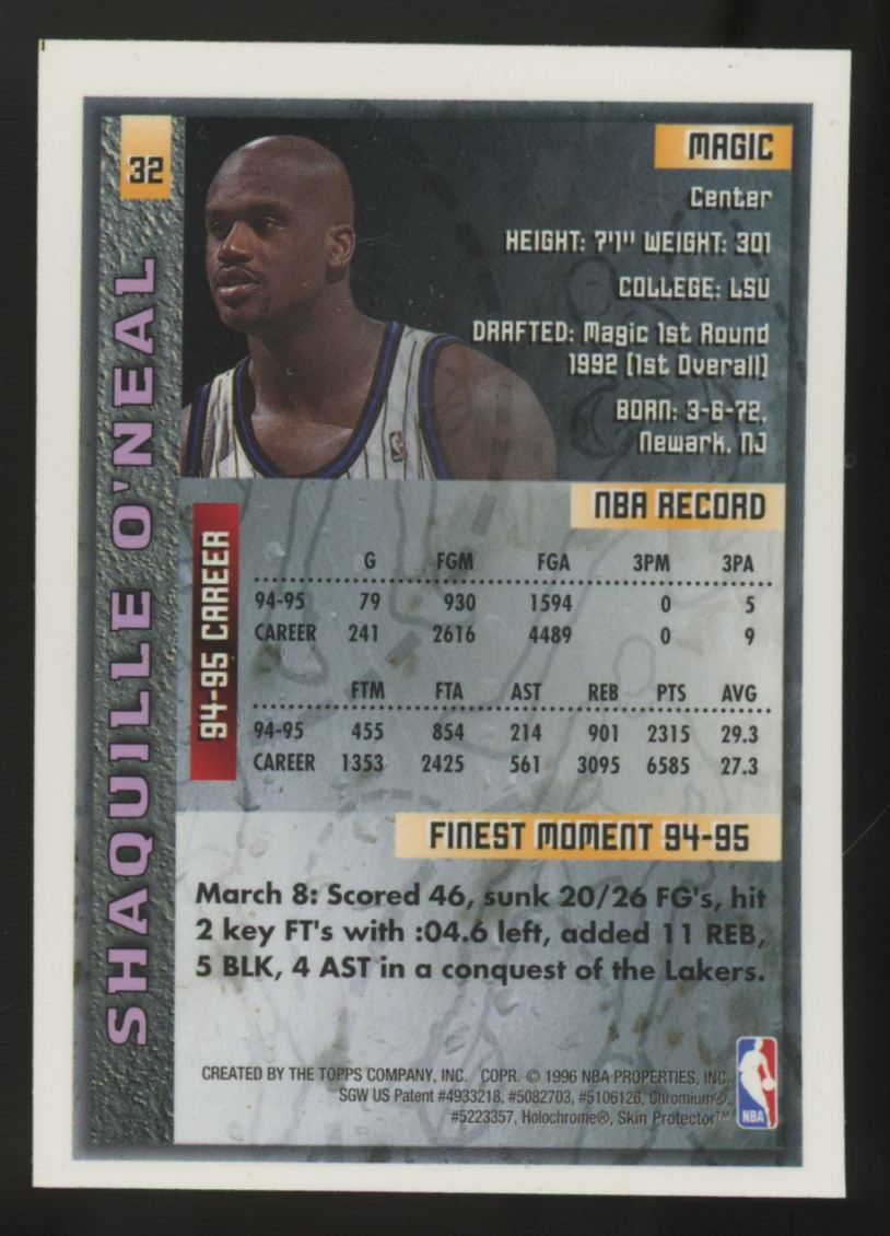 1995-96 Topps Finest Shaquille O'Neal W/ Coating #32