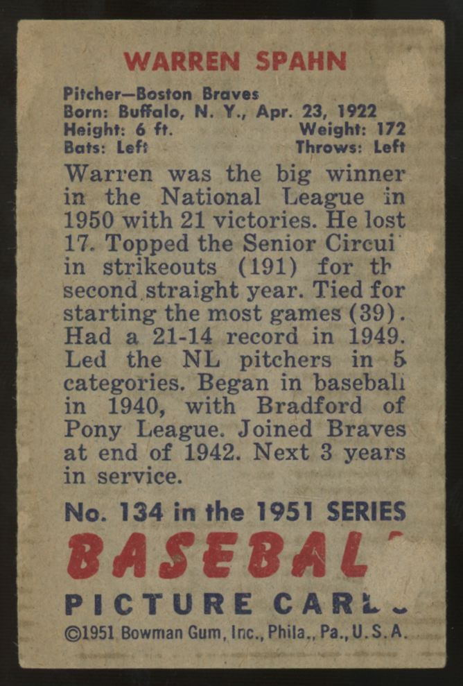 1951 Bowman Gum Warren Spahn #134 G/VG