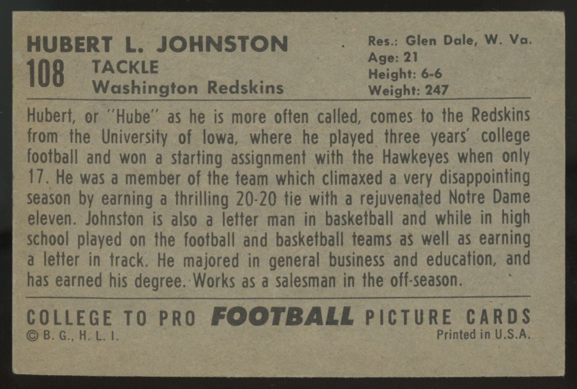 1952 Bowman Large Hubert Johnson Johnston RC #108 VG/EX