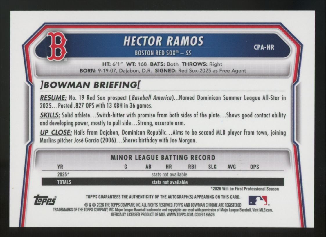 2026 Bowman Chrome Hector Ramos 1st Prospect Orange X-Fractor Auto /25 #CPA-HR