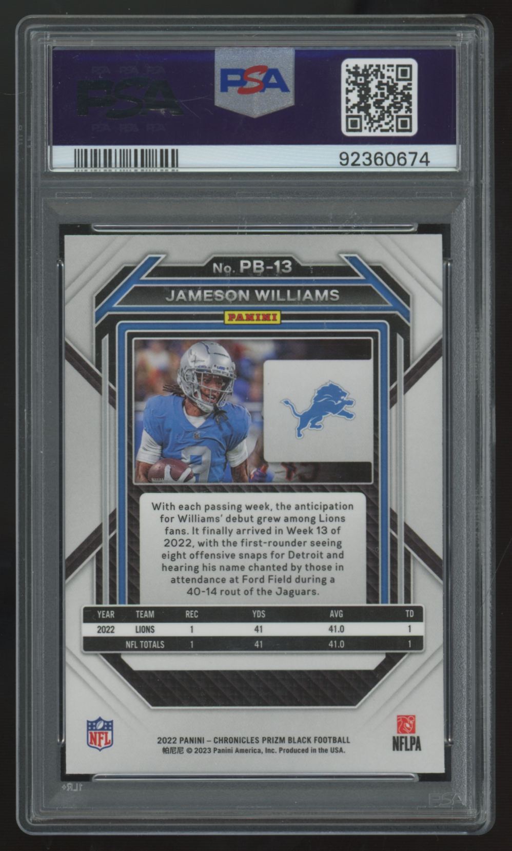 2022 Chronicles Prizm Black Jameson Williams RC #PB-13 PSA 10