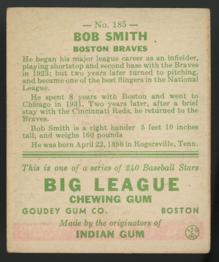 1933 Goudey Bob Smith #185 VG/EX
