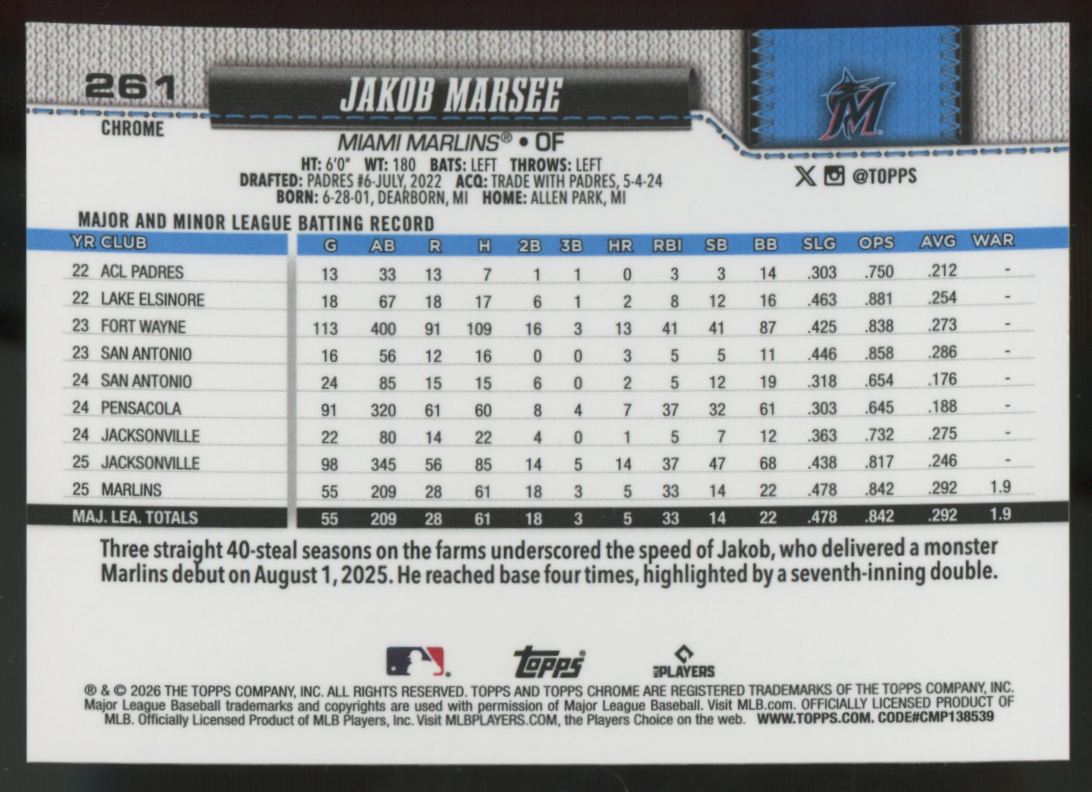 2026 Topps Chrome Jakob Marsee RC Orange X-Fractor /25 #261