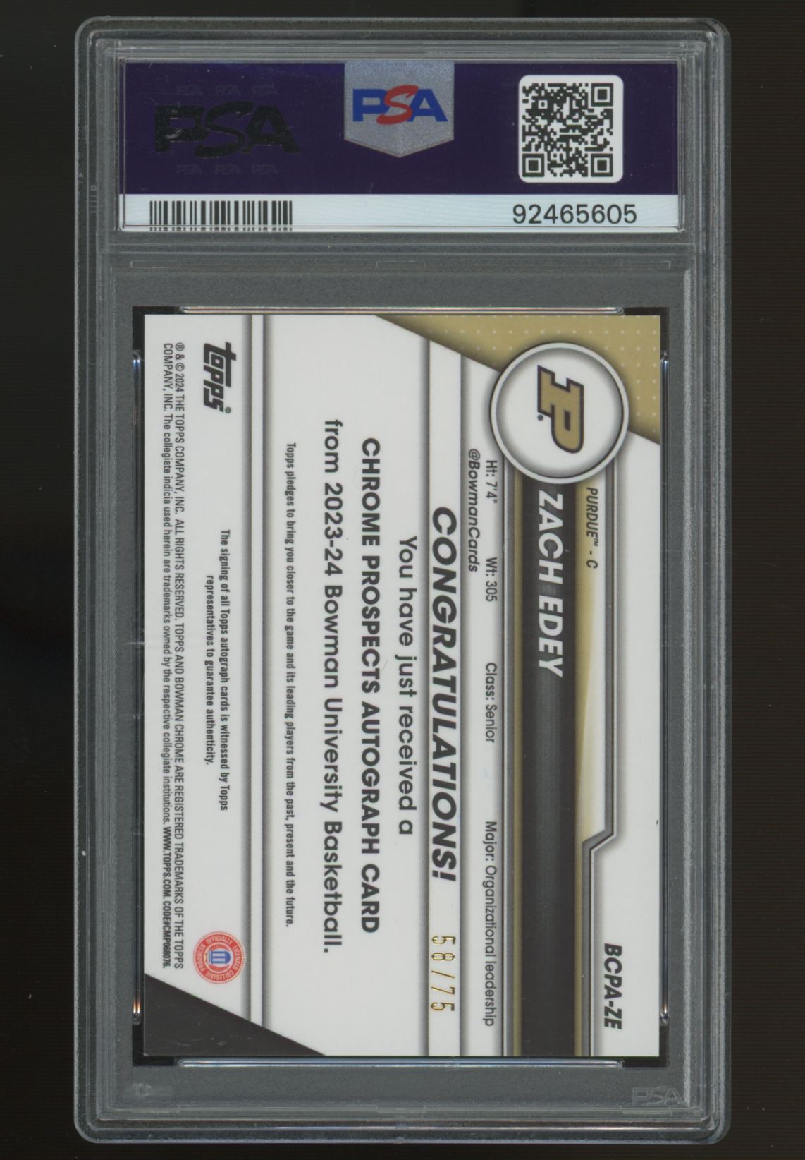 2023/24 Bowman U Chrome Zach Edey Prospect Auto Yellow /75 #BCPA-ZE PSA 9 10