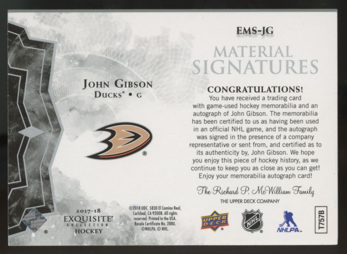2017-18 Upper Deck Exquisite John Gibson Material Patch Auto /49 #EMS-JG