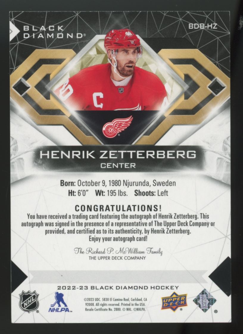 2022-23 Upper Deck Black Diamond Henrik Zetterberg Pure Black Auto /10 #BDB-HZ