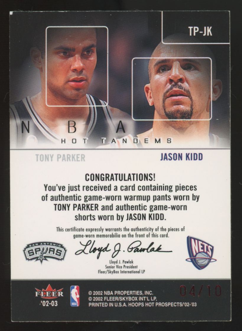2002-03 Hoops Hot Prospects Tony Parker/Jason Kidd Red Tandems Dual Patch /10