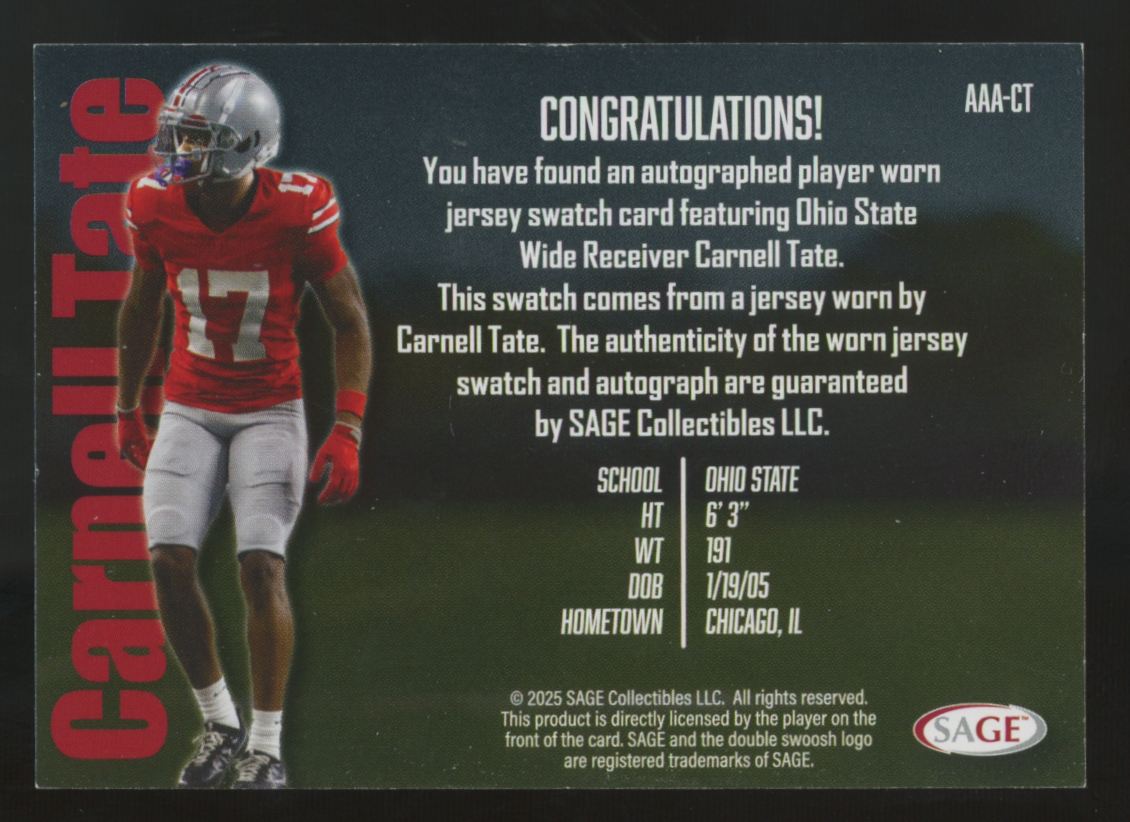 2025 Sage Carnell Tate Athlete Apparel Patch Auto #AAA-CT