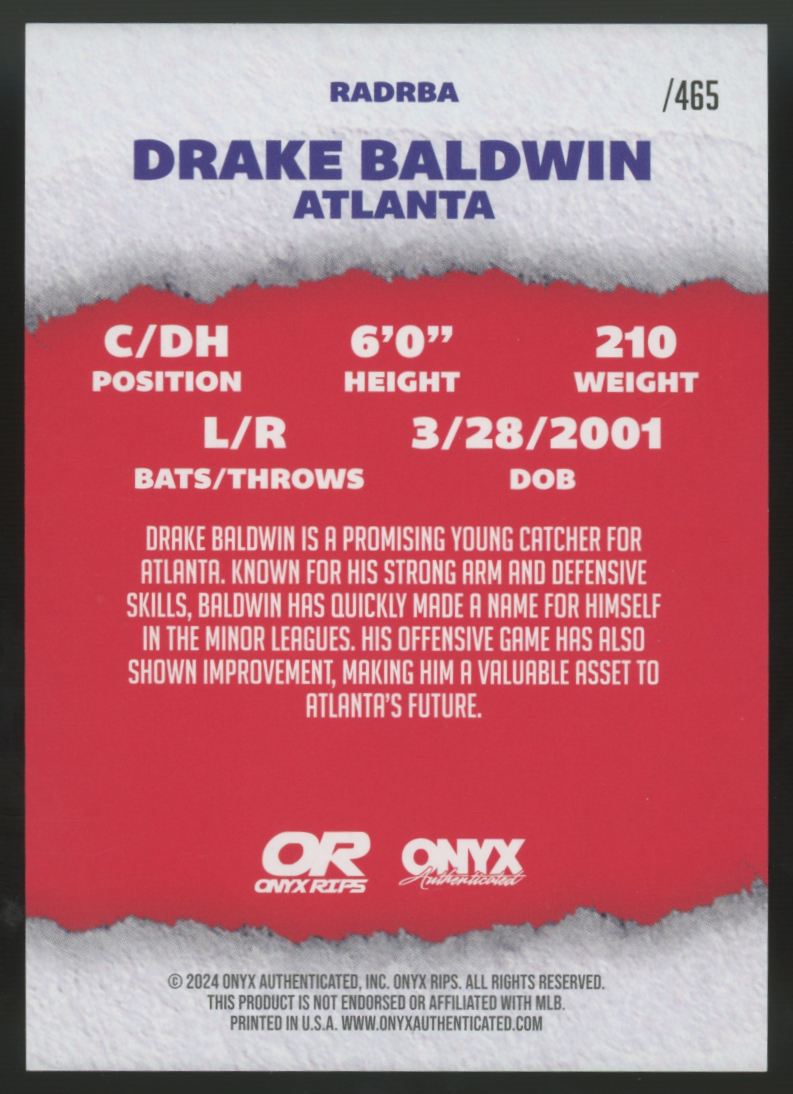 2024 Onyx Rips Drake Baldwin Cracked Ice Auto /465 #RADRBA "B"