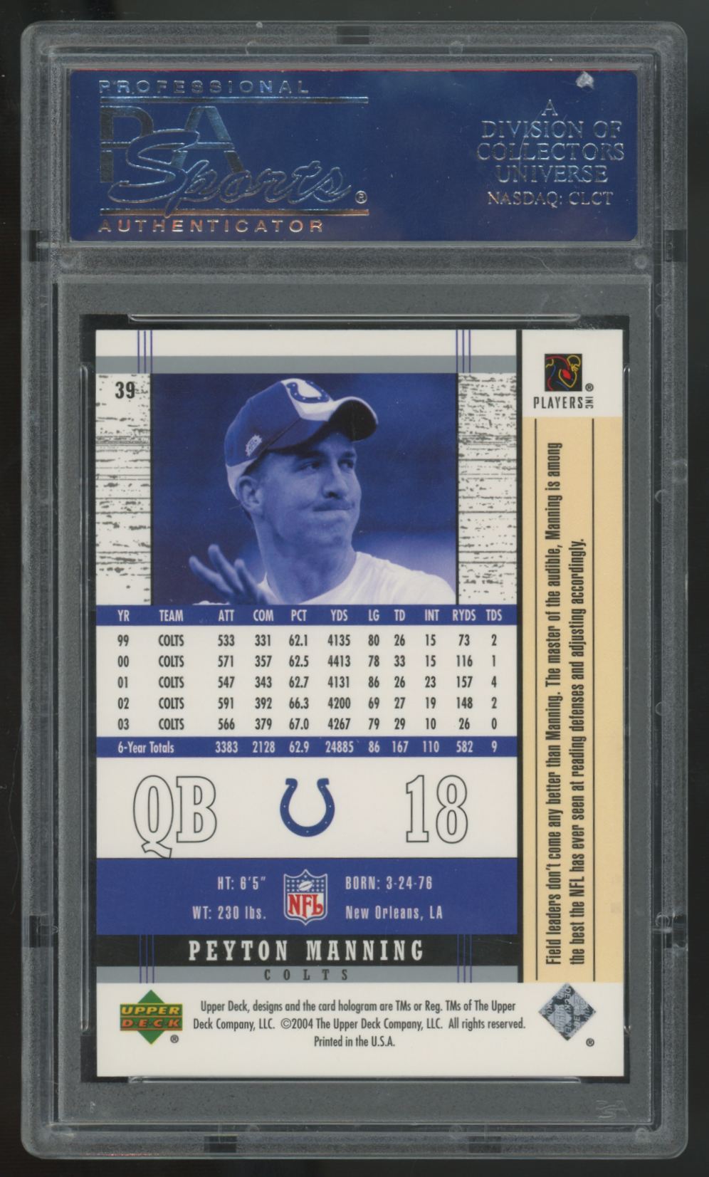 2004 Upper Deck Legends Peyton Manning #39 PSA 10