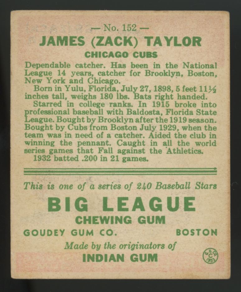 1933 Goudey James "Zack" Taylor #152 EX