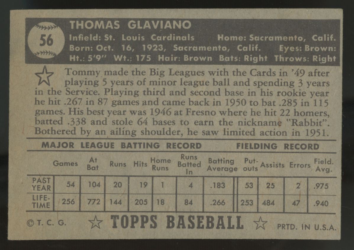 1952 Topps Tommy Glaviano Black Back #56 VG