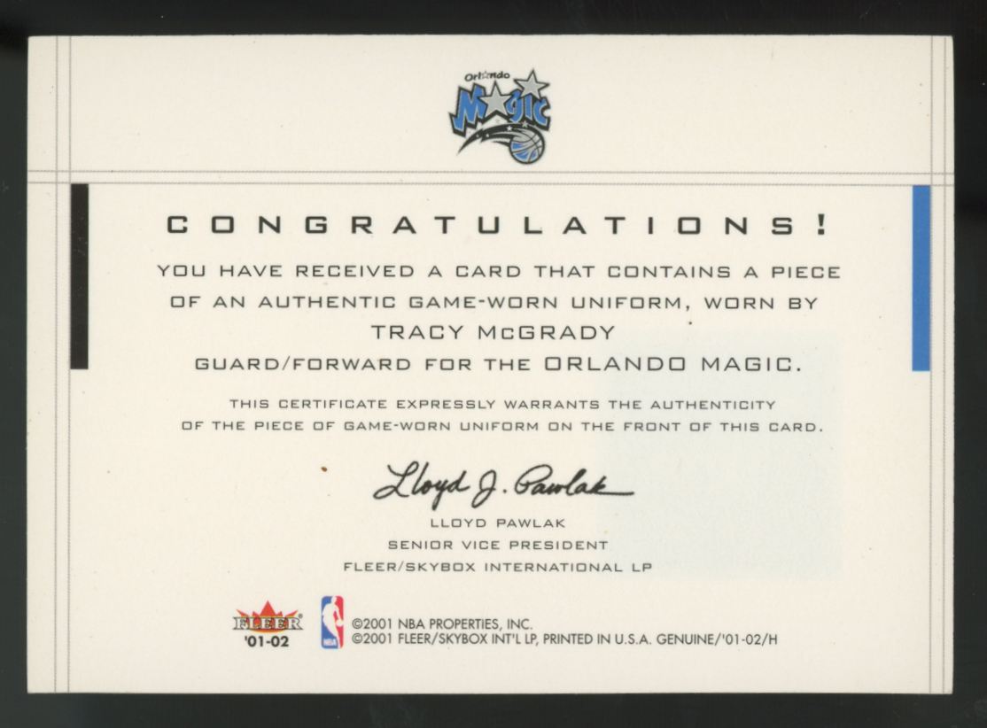 2001-02 Fleer Genuine Tracy McGrady Coverage Plus Patch