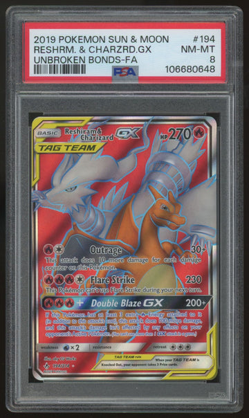 2019 Pokemon Reshiram & Charizard GX Unbroken Bonds Full Art #194 PSA 8
