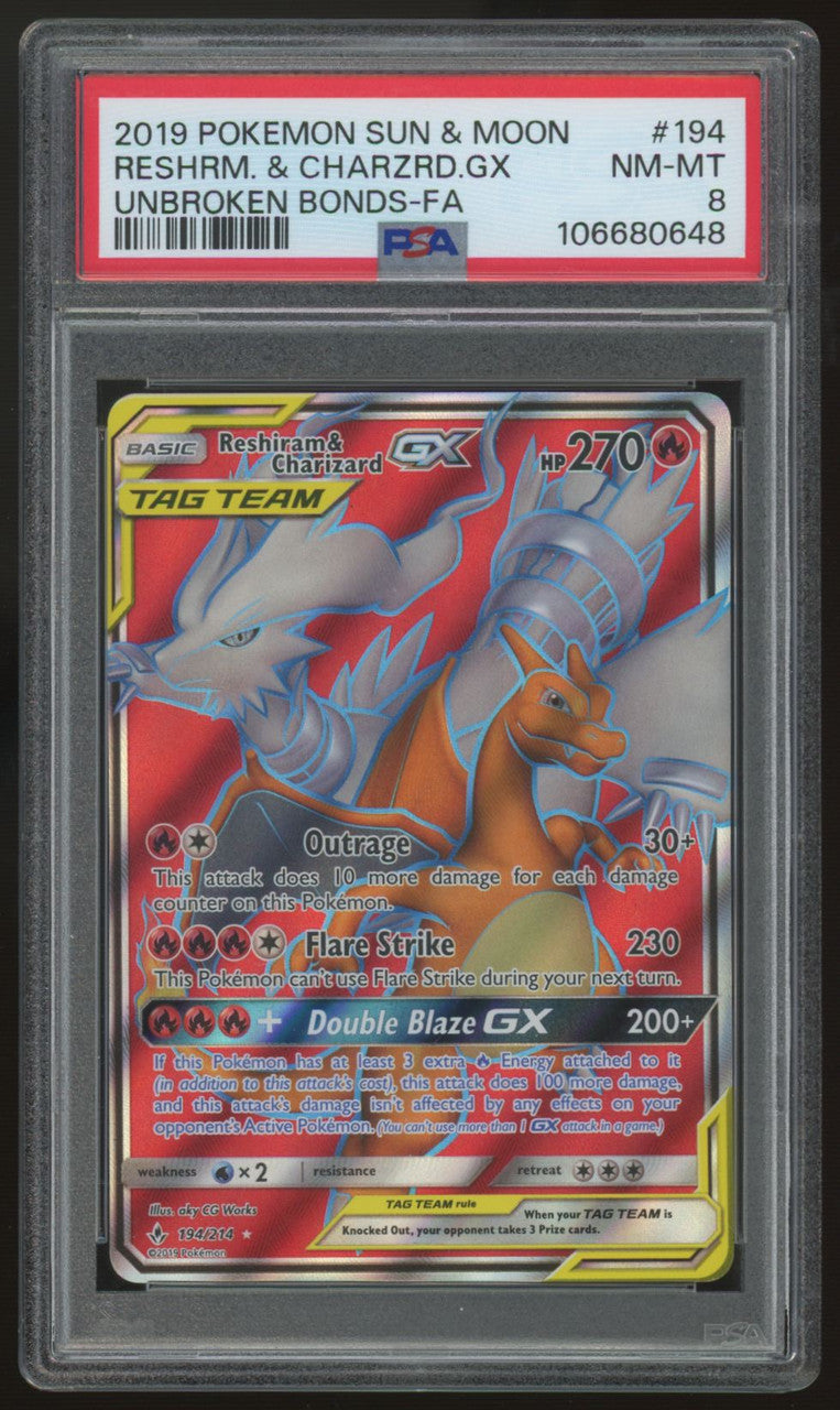 2019 Pokemon Reshiram & Charizard GX Unbroken Bonds Full Art #194 PSA 8