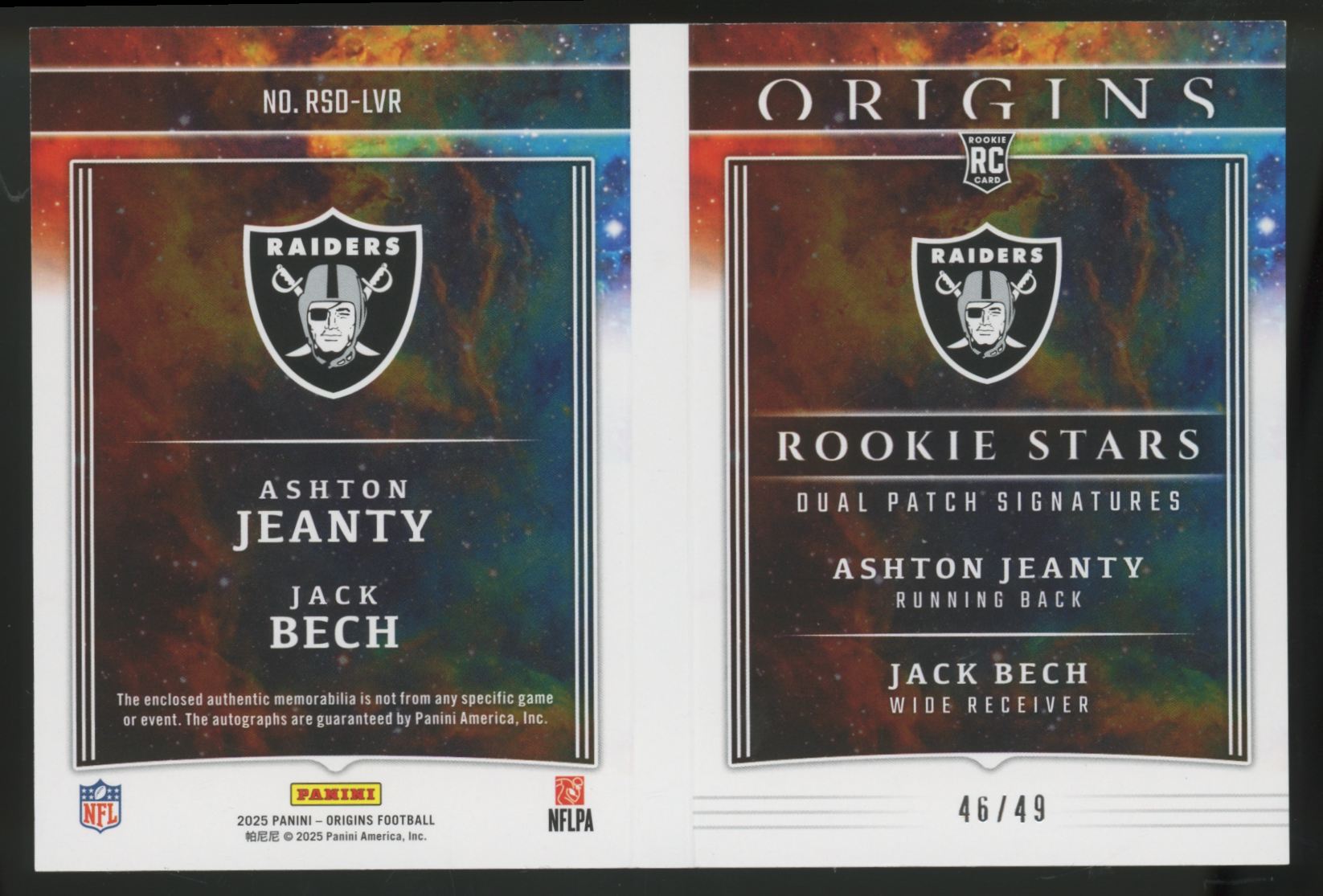2025 Panini Origins Ashton Jeanty, Jack Bech RC Dual Patch Auto RPA Booklet /49