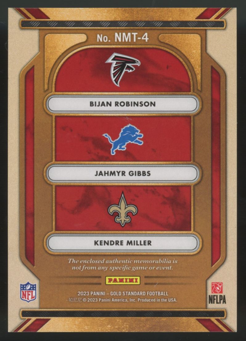 2023 Gold Standard Jahmyr Gibbs, Bijan Robinson, Miller RC Triple Patch /99