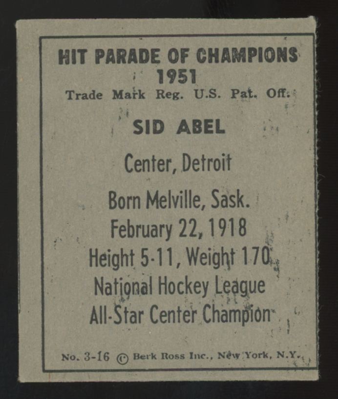 1951-52 Berk Ross Hit Parade Of Champions Sid Abel Mini #3 EX